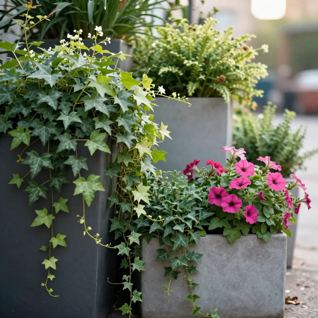 Summer balcony garden with colourful petunias and geraniums