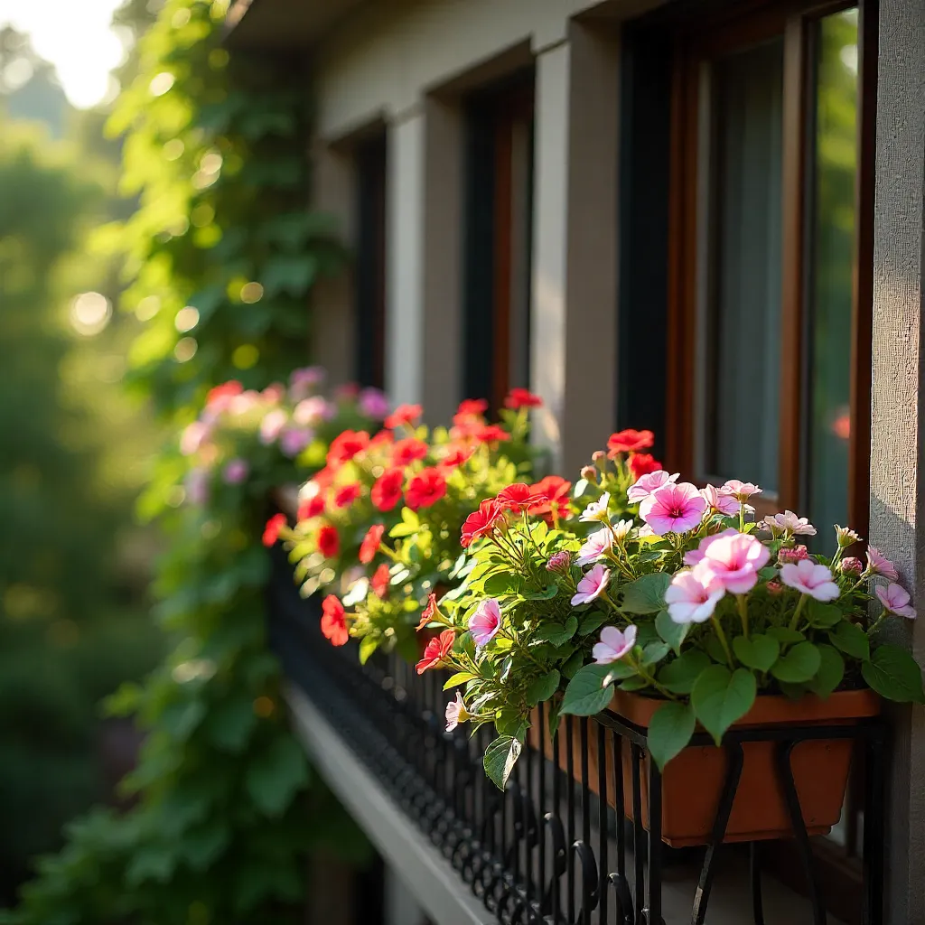 Medium sized balcony garden with cool toned perennial plants
