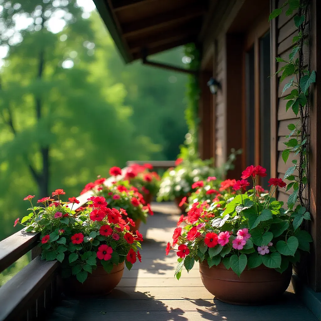 Spacious large balcony featuring warm coloured annual flowers