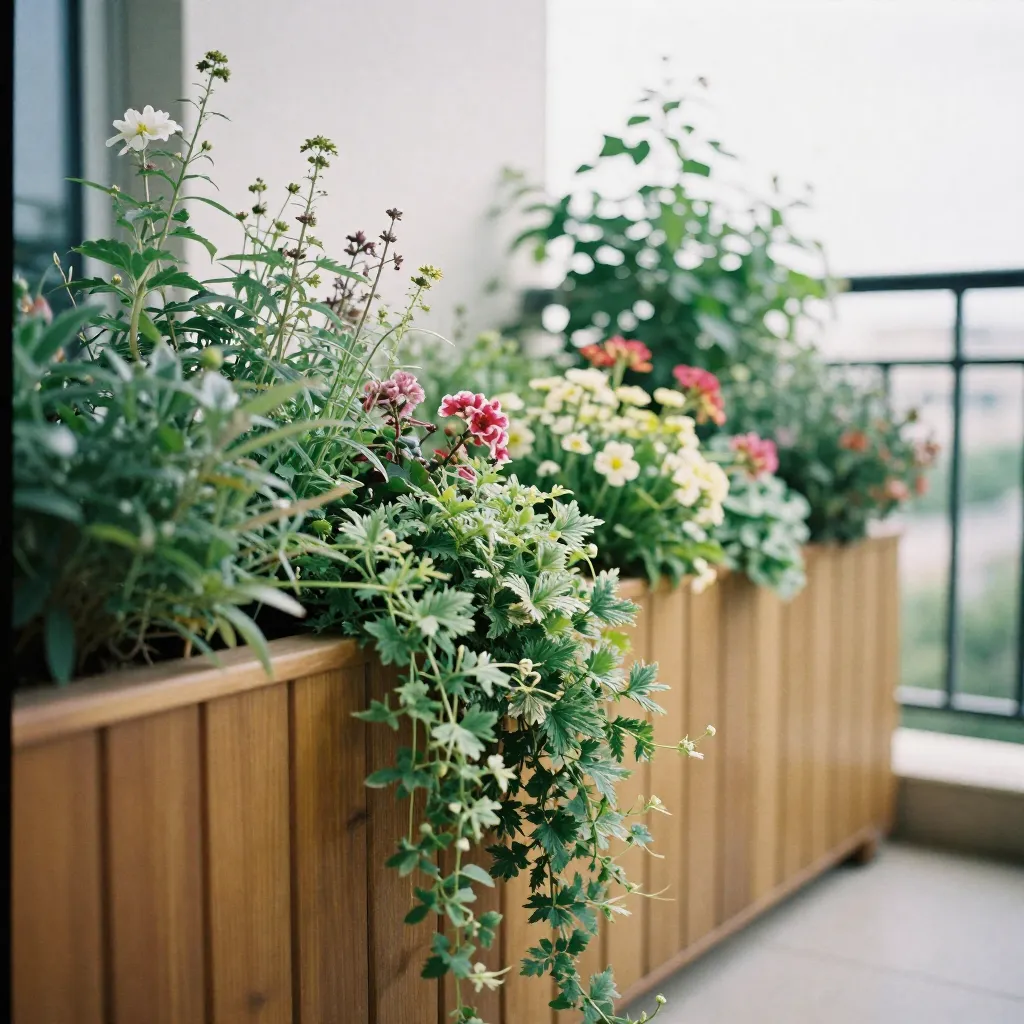 Large balcony arrangement with warm toned perennial flowers