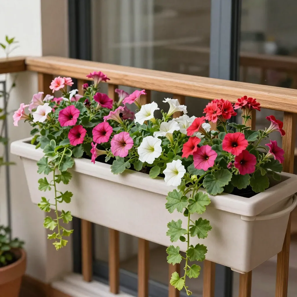 Large balcony garden with mixed perennial plants