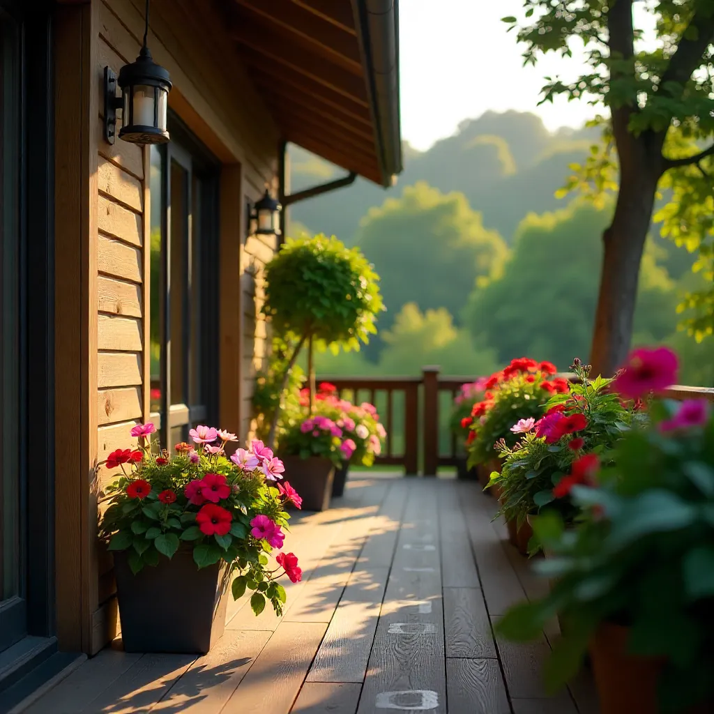 Medium balcony with mixed coloured annual plants