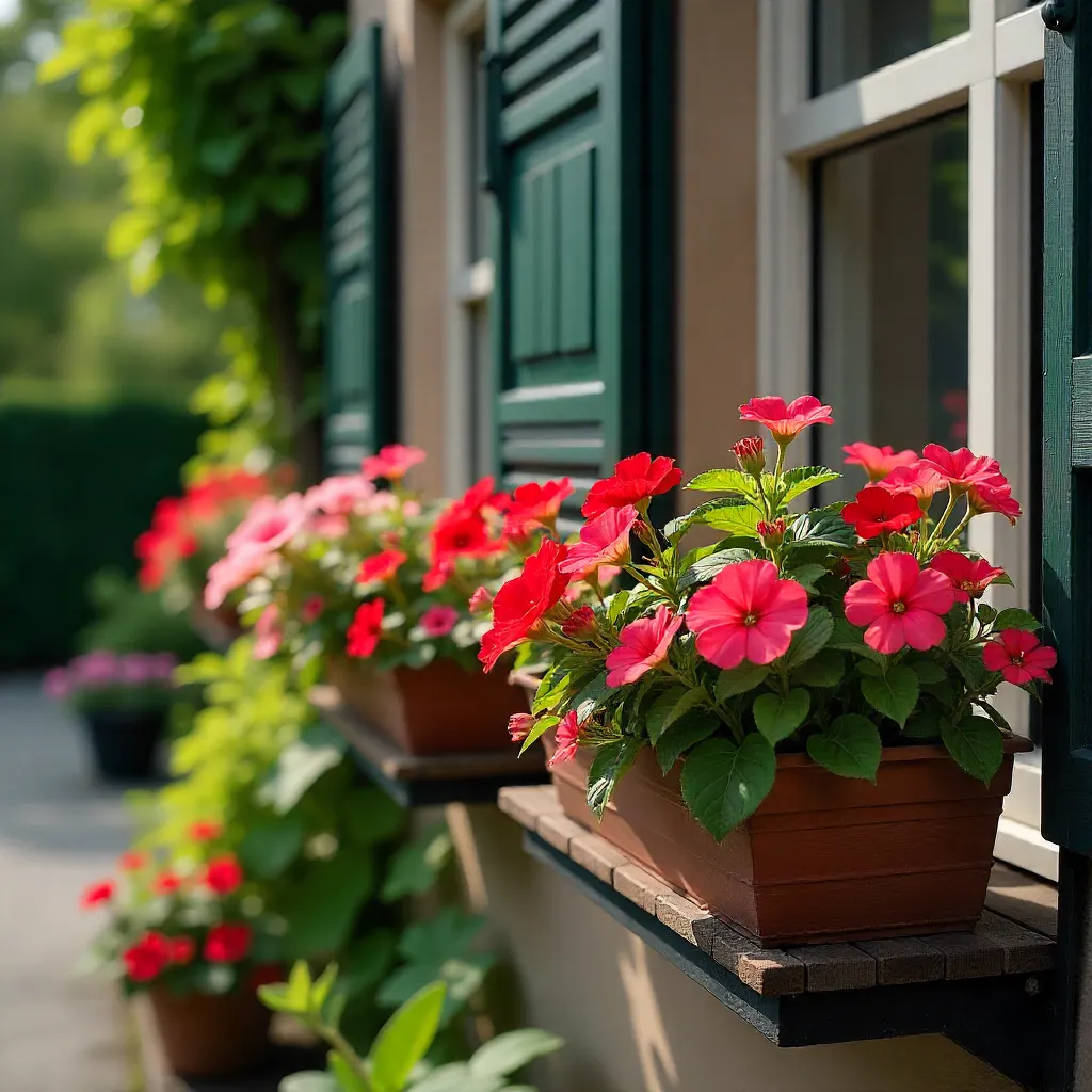 Large balcony garden featuring cool toned perennial flowers